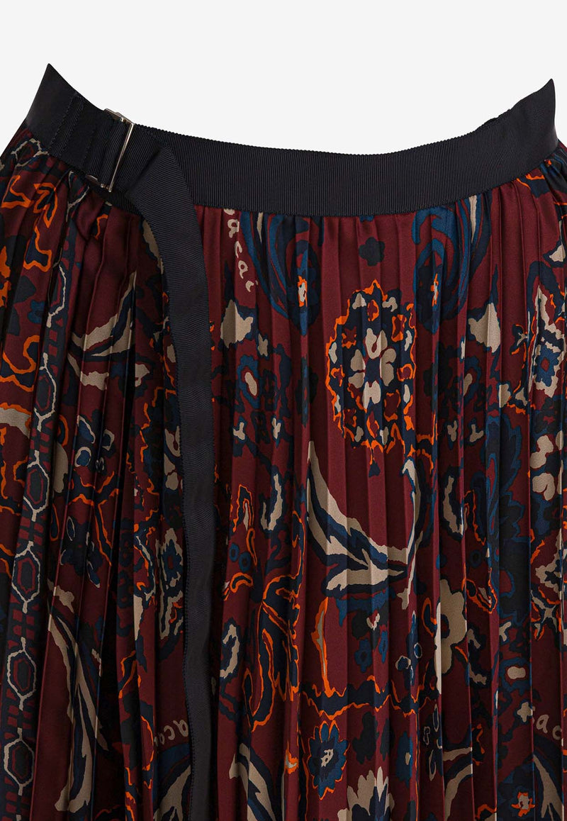 Sacai Floral Print Pleated Midi Skirt
 Burgundy 25-07982701_83002