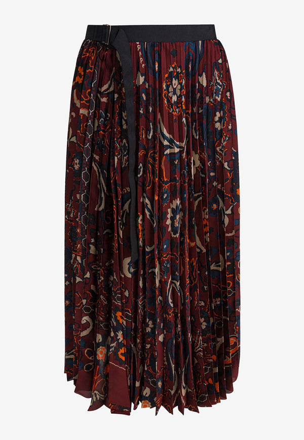 Sacai Floral Print Pleated Midi Skirt
 Burgundy 25-07982701_83002