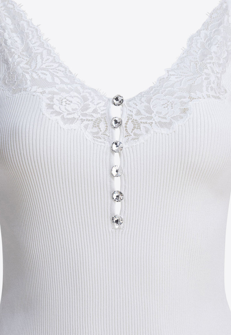 Self-Portrait Lace-Trimmed Ribbed Top  White PF25-042T-WWHITE_82708