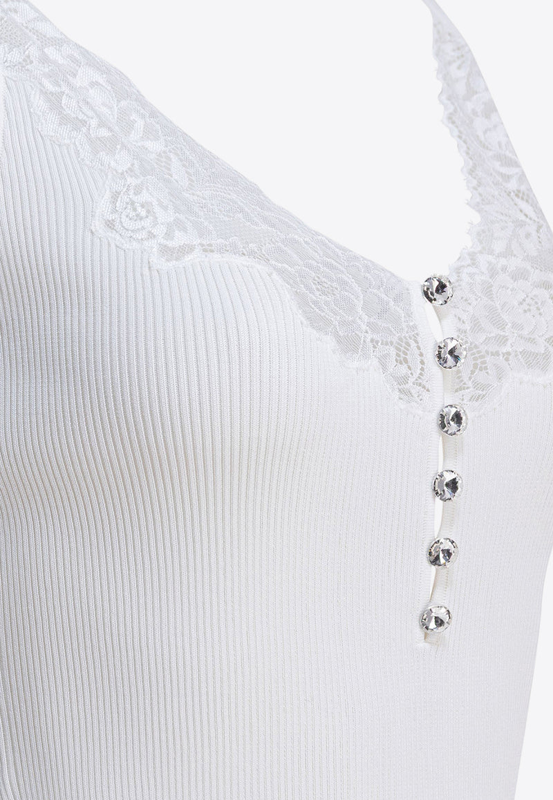 Self-Portrait Lace-Trimmed Ribbed Top  White PF25-042T-WWHITE_82708