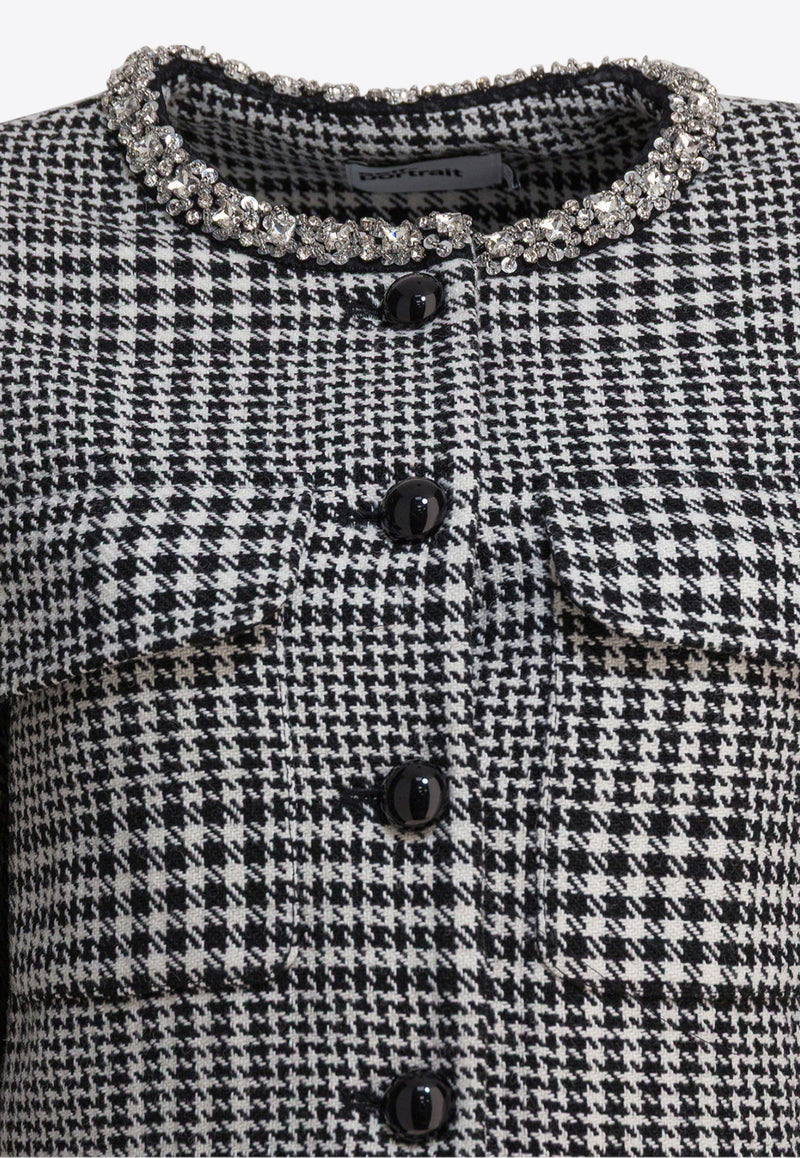 Self-Portrait Crystal-Trimmed Houndstooth Wool Blazer Gray PF25-111J-BWBLACK AND WHITE_82672