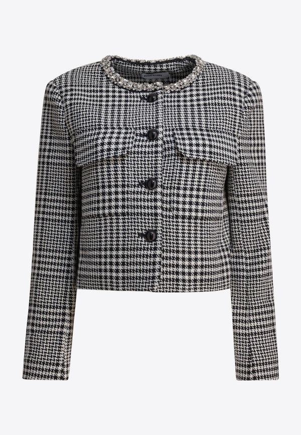Self-Portrait Crystal-Trimmed Houndstooth Wool Blazer Gray PF25-111J-BWBLACK AND WHITE_82672