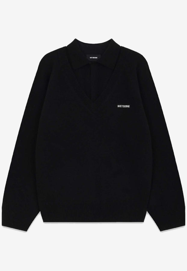 WE11-DONE Layered Wool Polo Sweater Black WD-KT2-25-681-W-BK_BLACK
