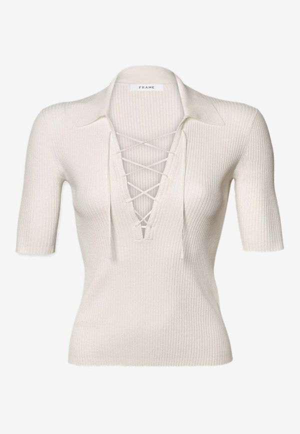 Frame Denim Lace-Up Ribbed Knit Top Off-white WE24KSW018IVORY