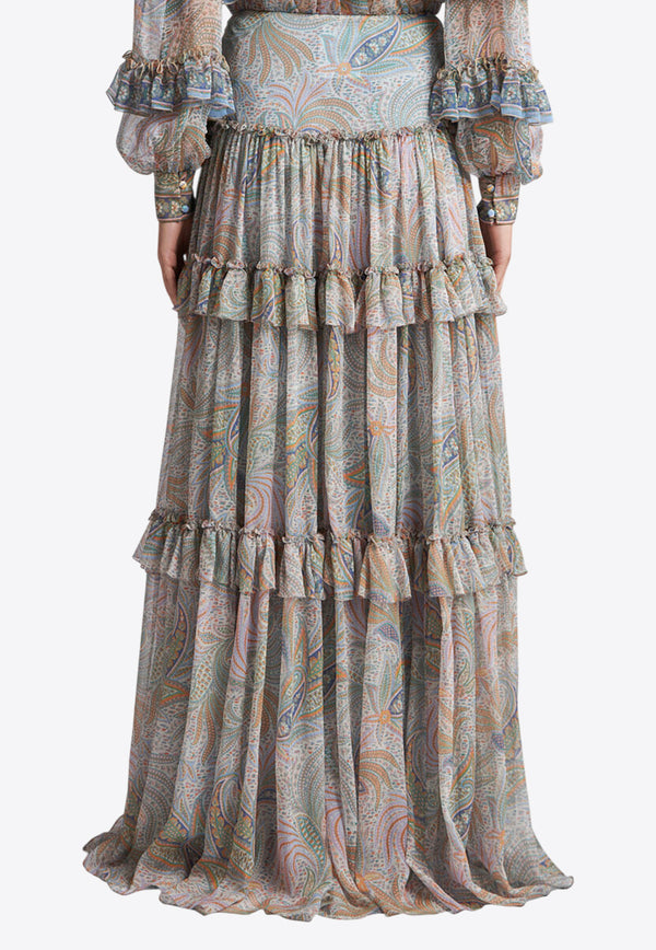 Etro Paisley Print Ruffled Maxi Skirt Gray WRFA0110-99SA1G4 X0830