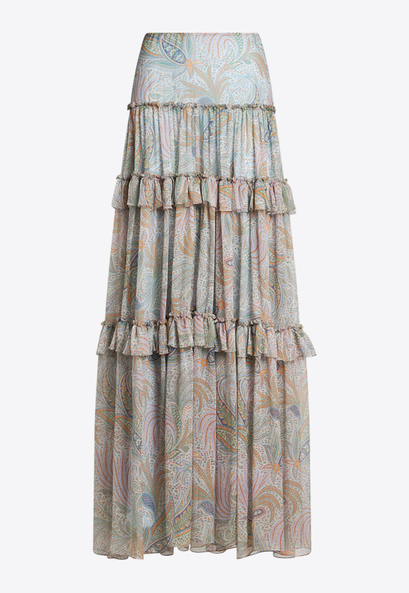 Etro Paisley Print Ruffled Maxi Skirt Gray WRFA0110-99SA1G4 X0830
