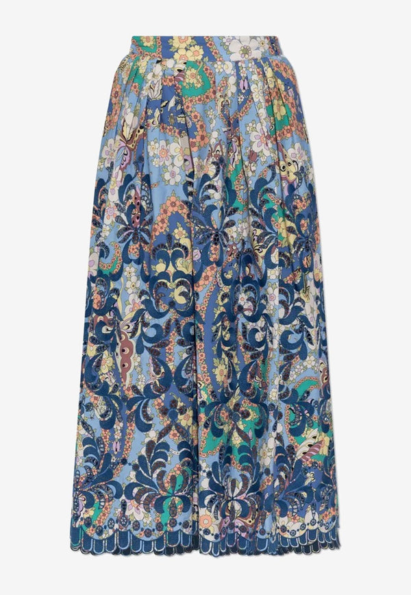Etro Floral Print Midi Skirt Blue WRFA0112-99LA502 X0886