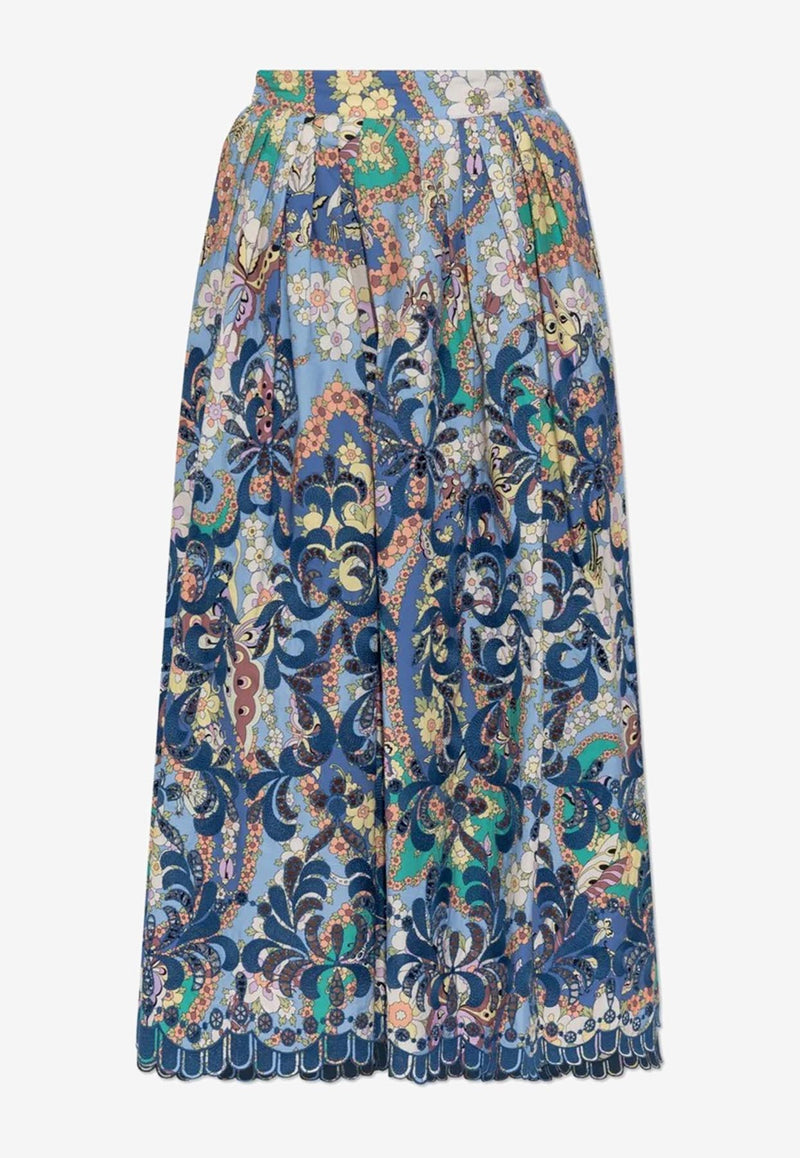 Etro Floral Print Midi Skirt Blue WRFA0112-99LA502 X0886