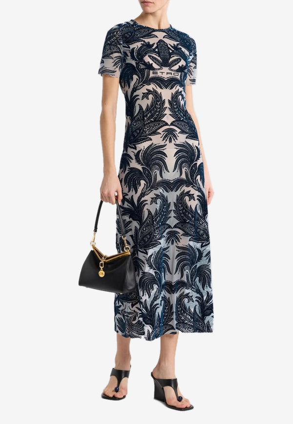 Etro Flocked Tulle Sheath Midi Dress Navy WRHA0125-AK801 S9001