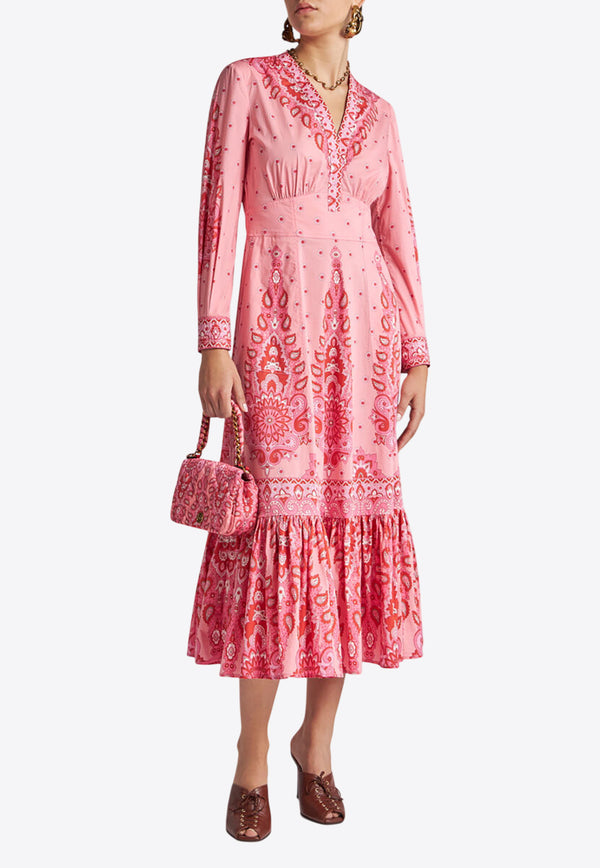 Etro Paisley Print V-neck Midi Dress Pink WRHA0255-99SPE73 X0872