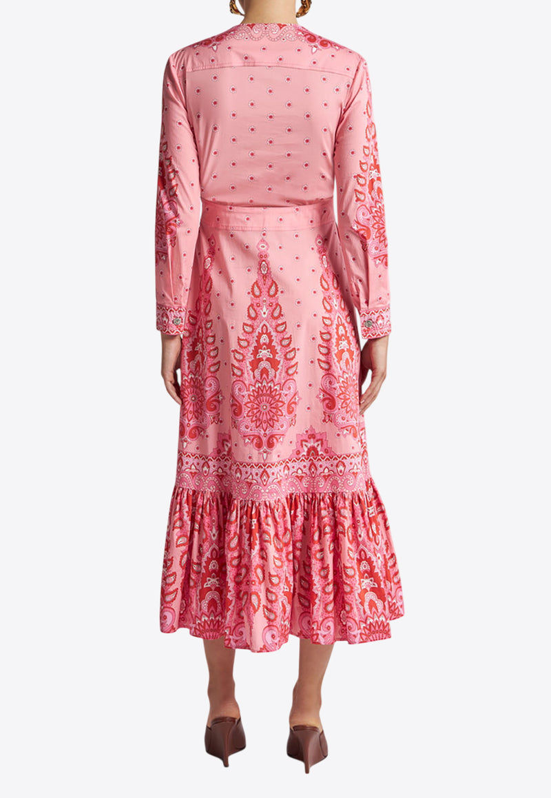 Etro Paisley Print V-neck Midi Dress Pink WRHA0255-99SPE73 X0872