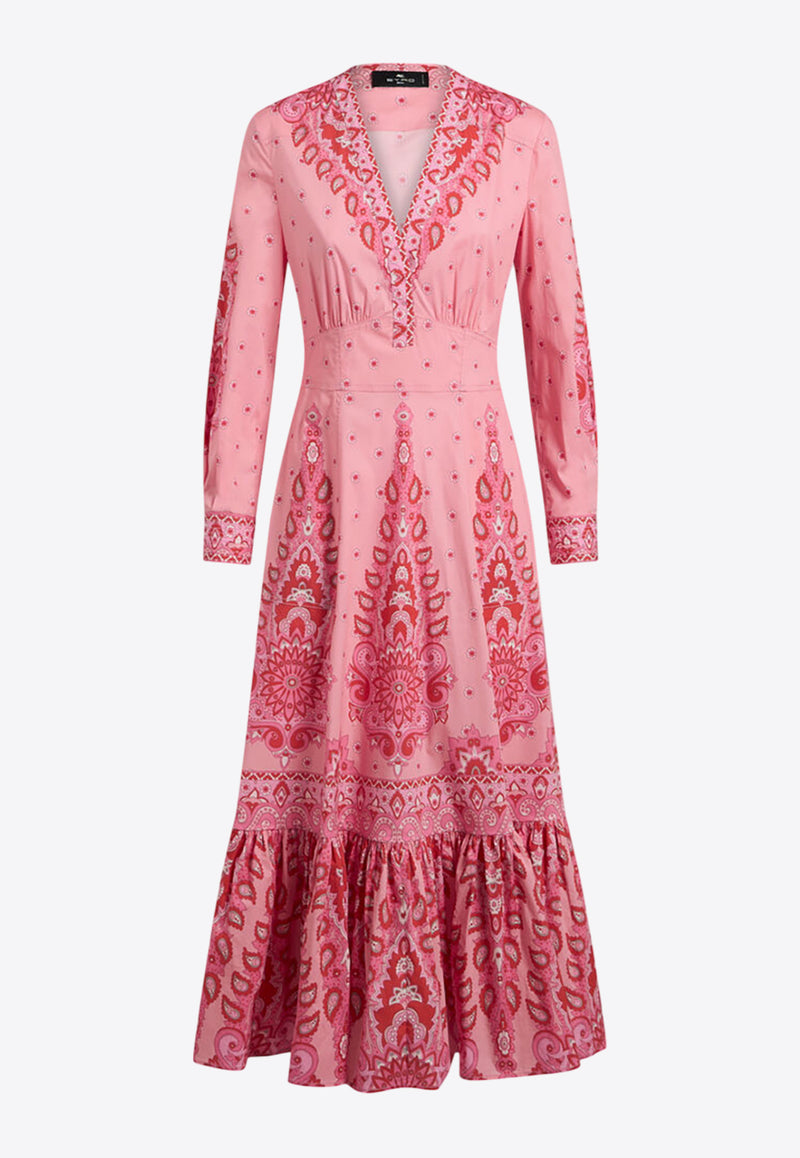 Etro Paisley Print V-neck Midi Dress Pink WRHA0255-99SPE73 X0872