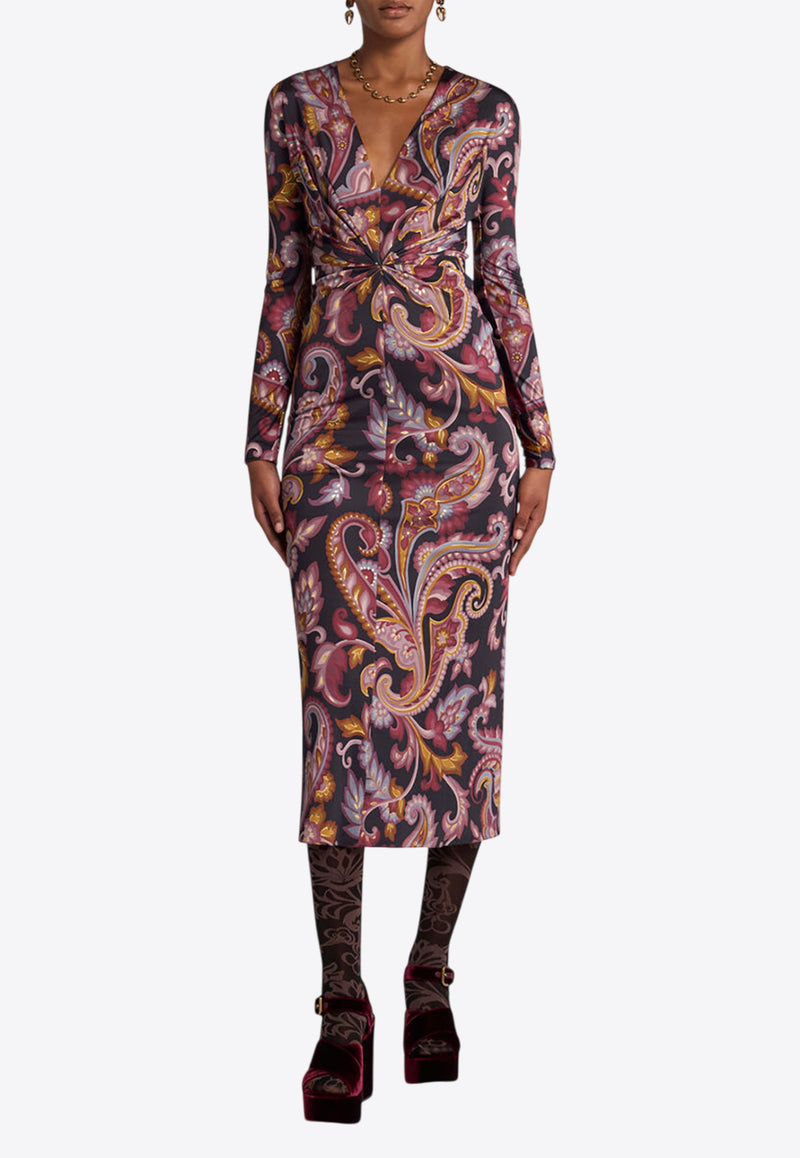 Etro Paisley Print Draped V-neck Midi Dress Multicolor WRHA0271-99IAD10 X0810