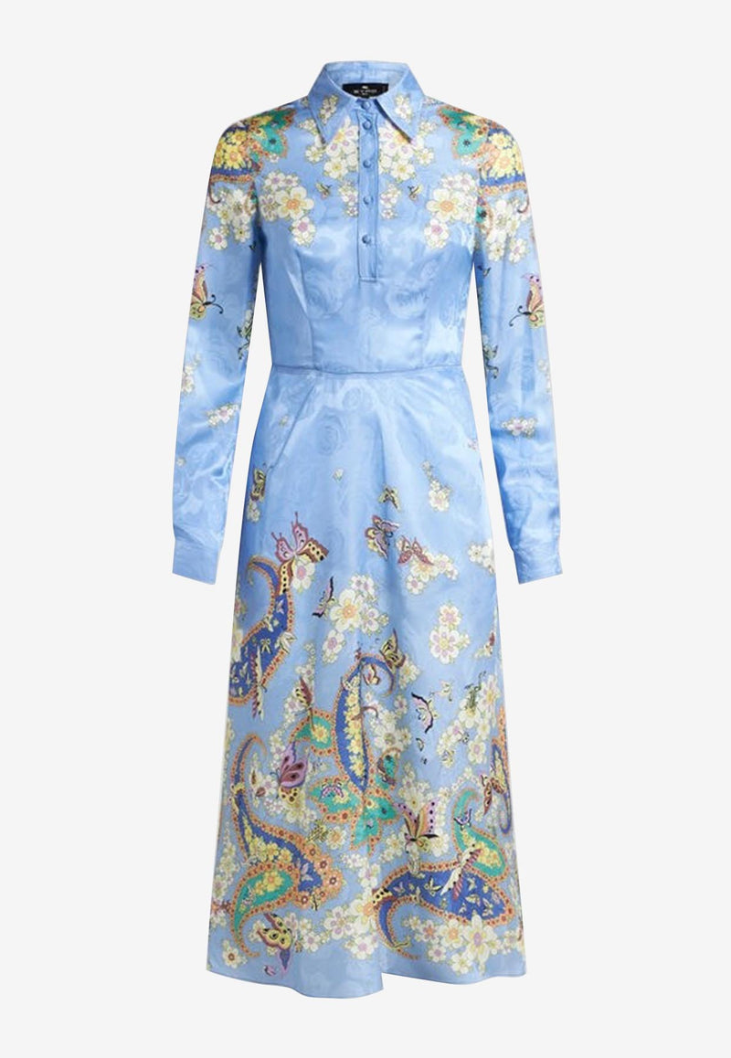 Etro Floral Print Silk-Blend Midi Shirt Dress Light Blue WRHA0301-99SPD86 X0886
