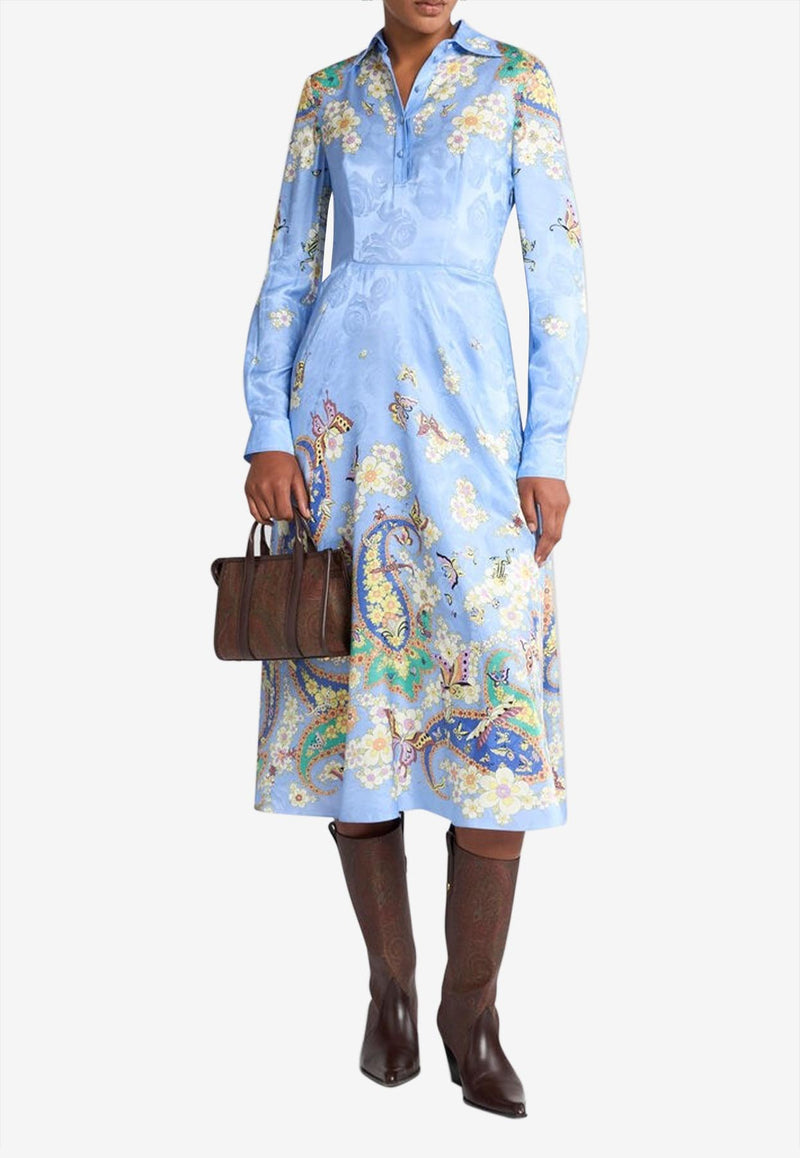 Etro Floral Print Silk-Blend Midi Shirt Dress Light Blue WRHA0301-99SPD86 X0886