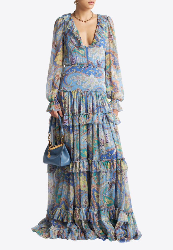 Etro Floral Print Ruffled Maxi Dress Blue WRHA0319-99SA1G5 X0886