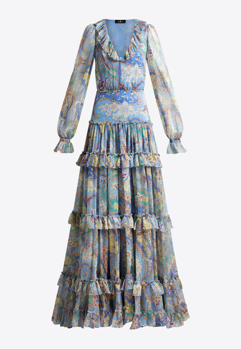 Etro Floral Print Ruffled Maxi Dress Blue WRHA0319-99SA1G5 X0886