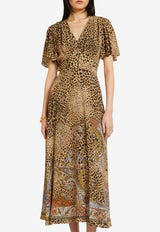 Etro Leopard Print V-neck Midi Dress Brown WRHA0560-99SP4J8 X0826