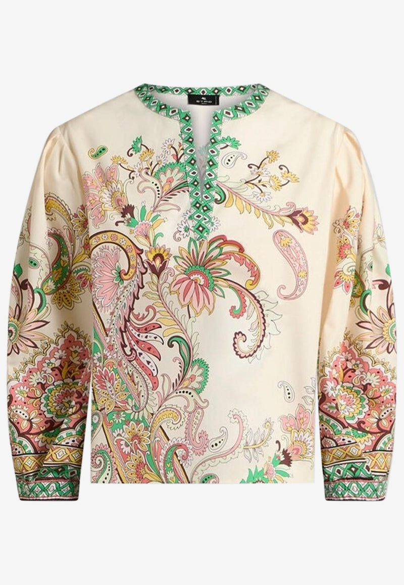 Etro Floral Print V-neck Poplin Blouse Cream WRJA0088-99SP5B9 X0802
