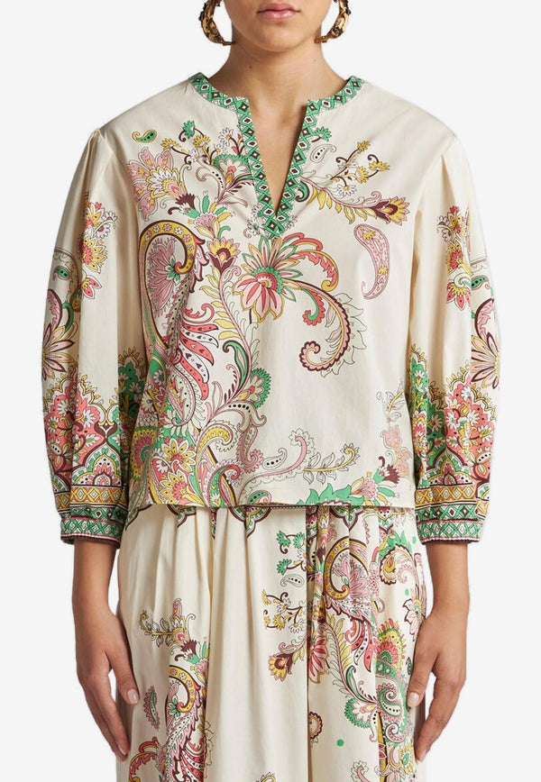Etro Floral Print V-neck Poplin Blouse Cream WRJA0088-99SP5B9 X0802