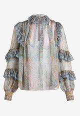 Etro Paisley Print Silk Ruffled Blouse Multicolor WRJA0103-99SP1C2 X0830
