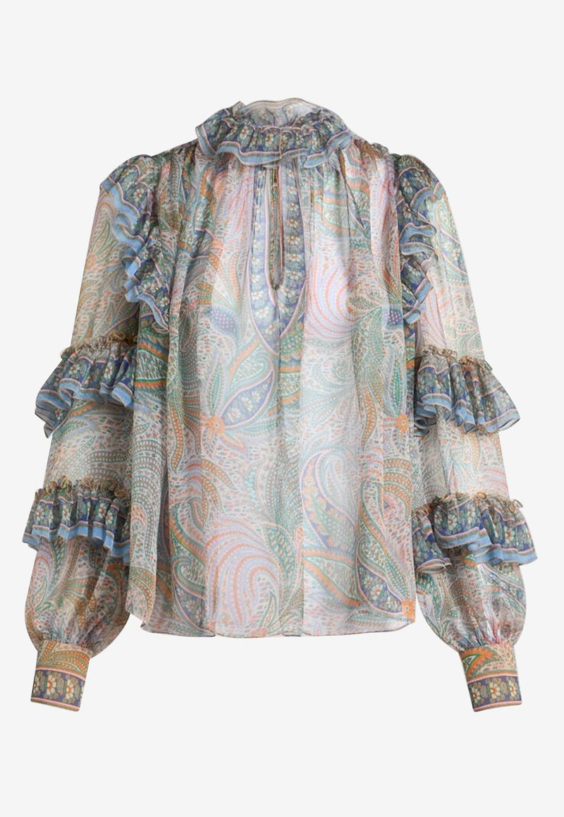 Etro Paisley Print Silk Ruffled Blouse Multicolor WRJA0103-99SP1C2 X0830