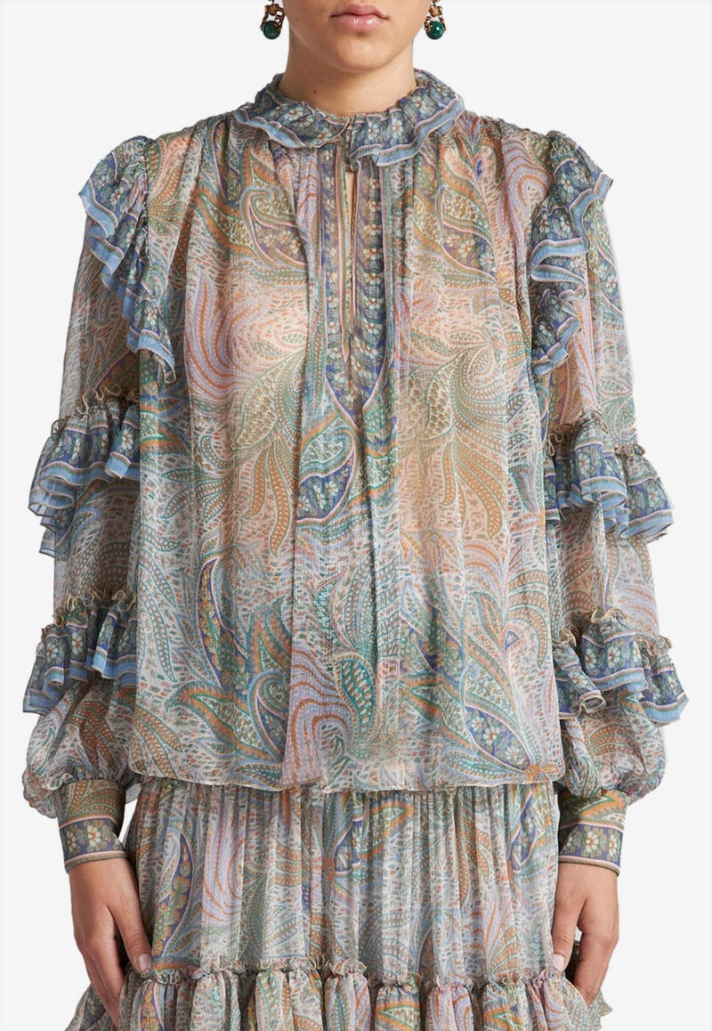 Etro Paisley Print Silk Ruffled Blouse Multicolor WRJA0103-99SP1C2 X0830