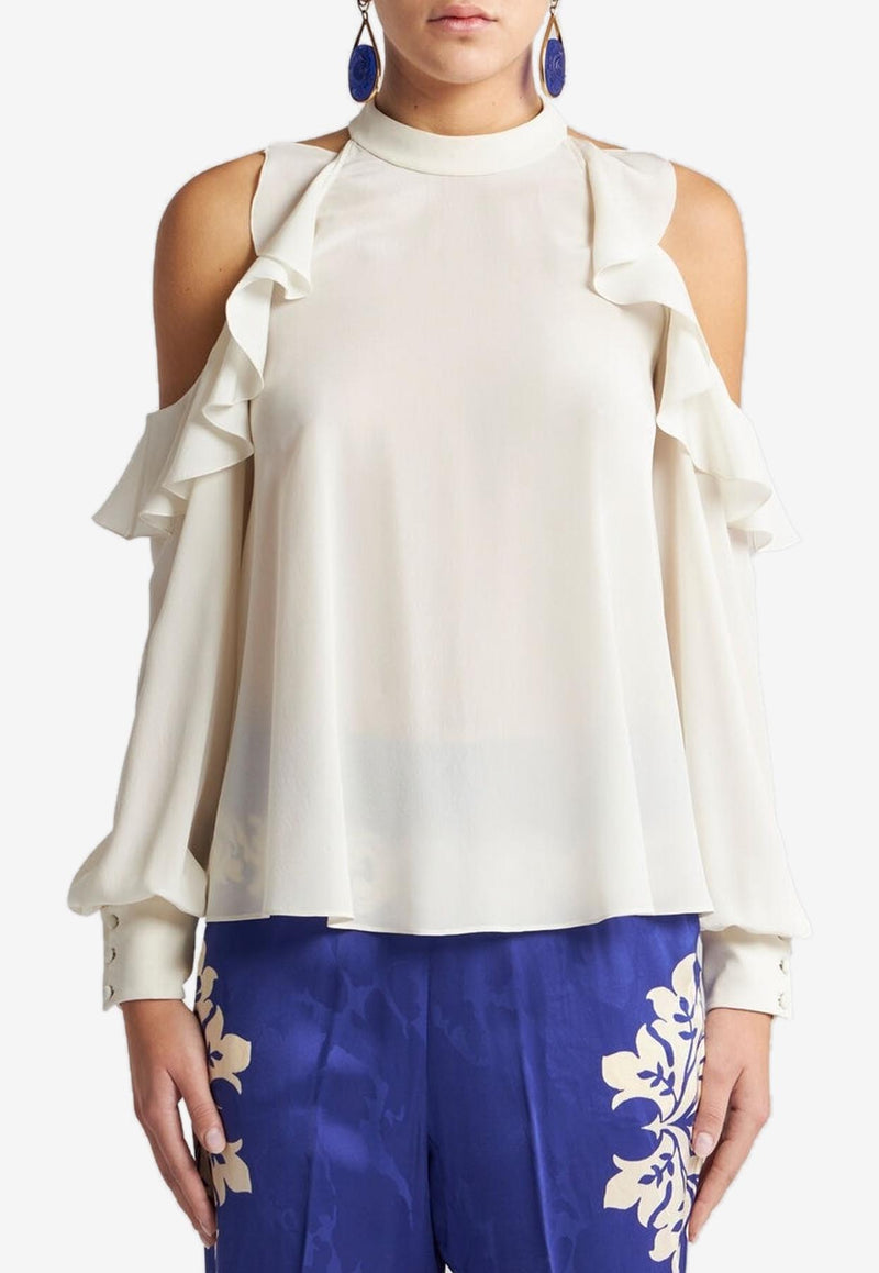 Etro Cold-Shoulders Silk Ruffled Top White WRJA0119-99TU1I0 W3789