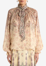 Etro Placed-Print Silk Blouse with Scarf  Beige WRJA0157-99SPA24 X0820