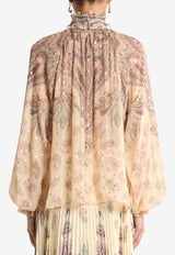 Etro Placed-Print Silk Blouse with Scarf  Beige WRJA0157-99SPA24 X0820