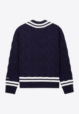 Sporty & Rich Yankees Serif Cable Knit V-neck Sweater Navy WS011505631BL32NAVY