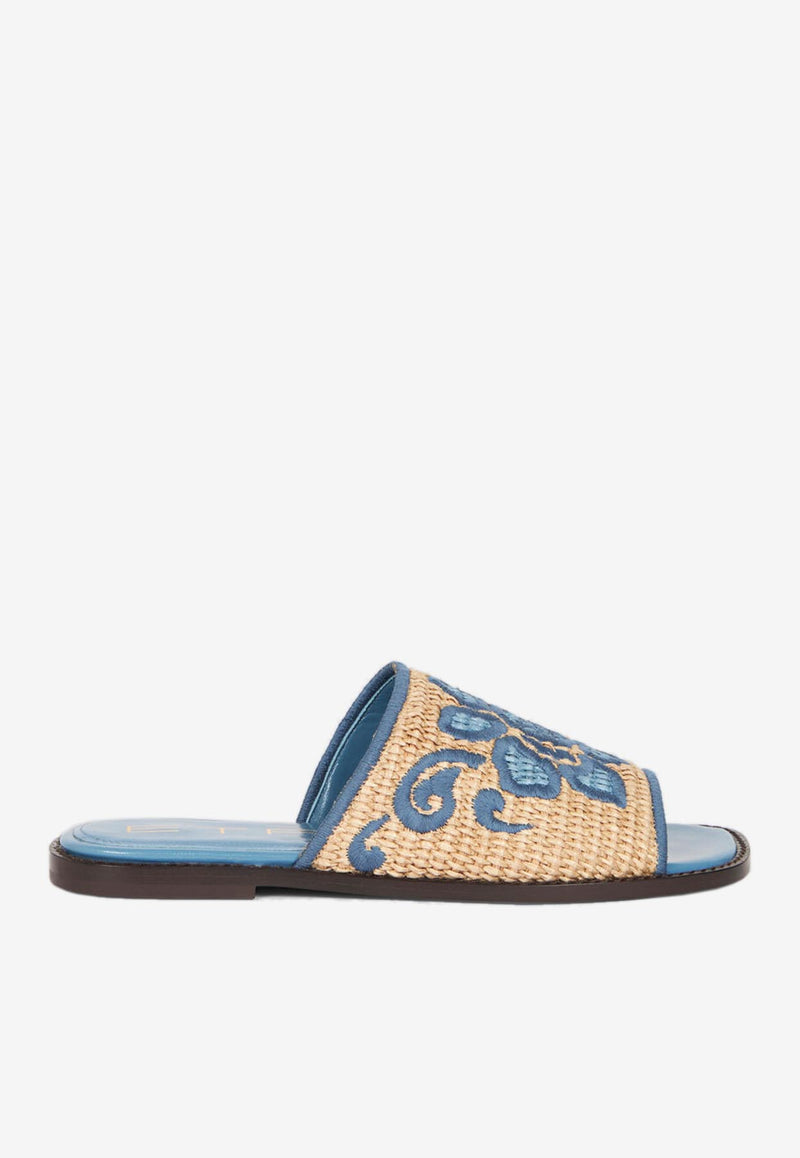 Etro Floral Embroidered Woven-Raffia Slides Blue WS4D0003-AE242 B0028