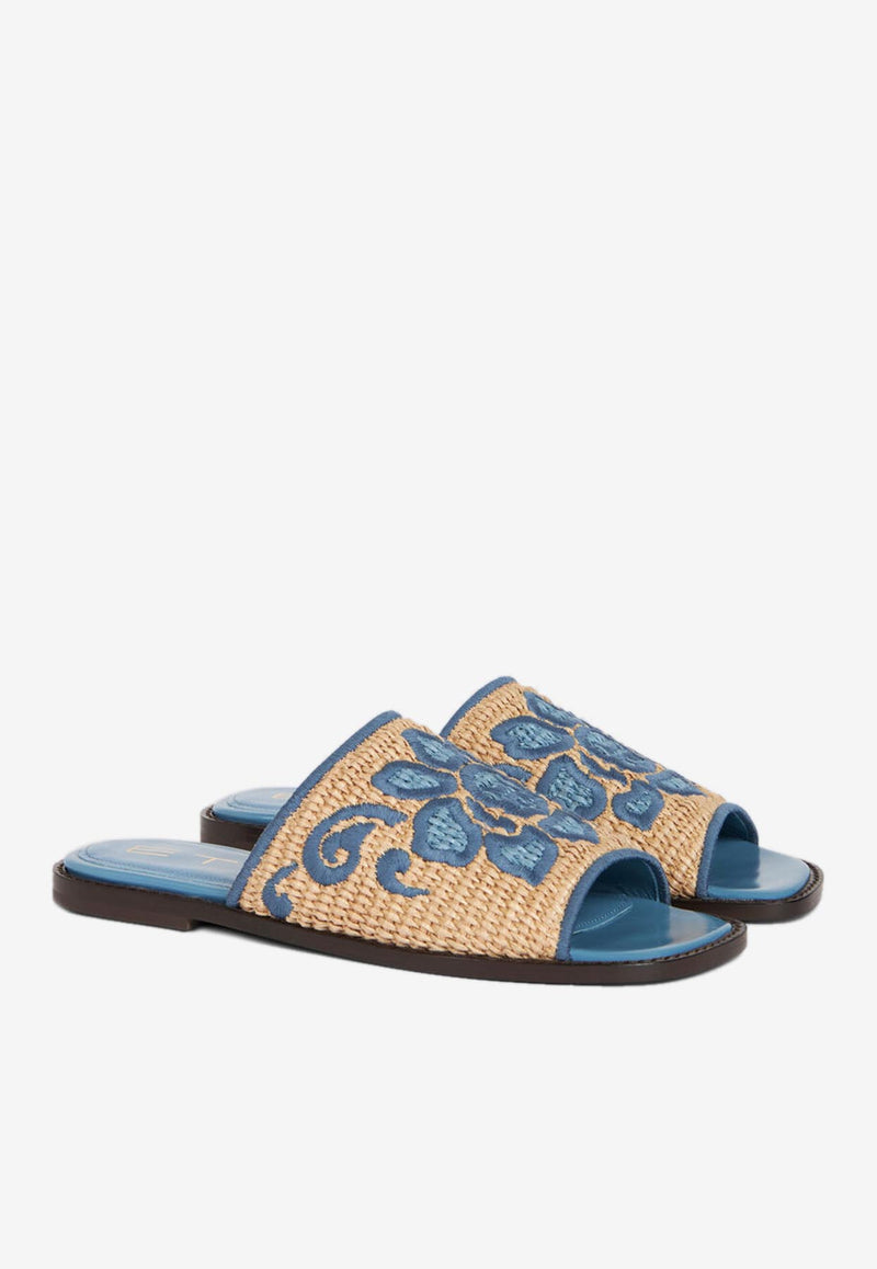 Etro Floral Embroidered Woven-Raffia Slides Blue WS4D0003-AE242 B0028