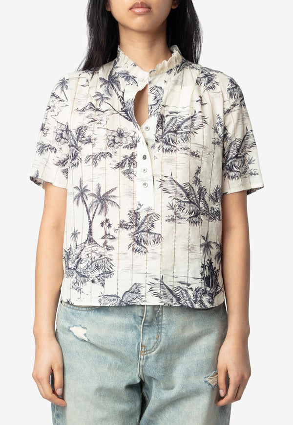 Zadig & Voltaire Topher Tropical Island Print Top Ecru WWTO01980_ECRU