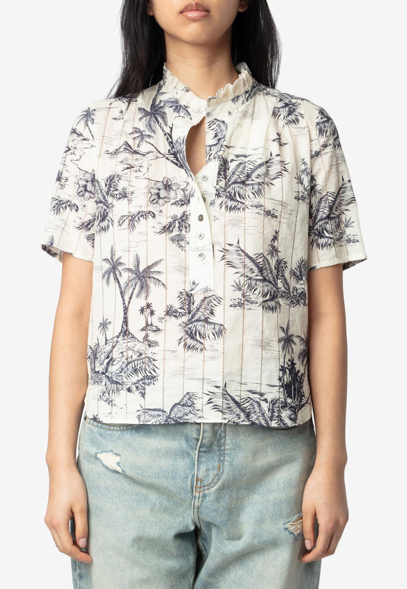 Zadig & Voltaire Topher Tropical Island Print Top Ecru WWTO01980_ECRU