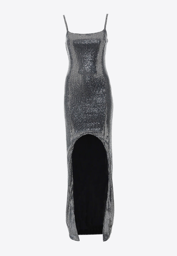 Balmain Sleeveless Sequins Maxi Dress Gray YF1RN025JD51_000_EAC