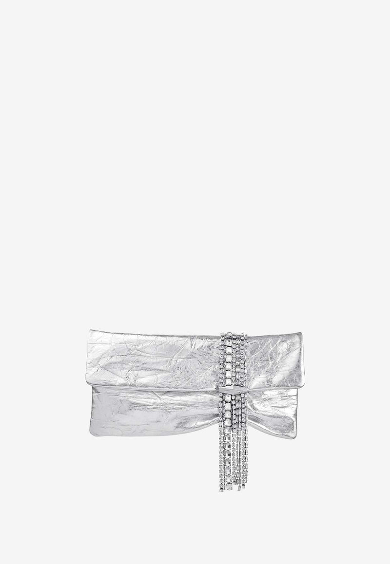 Jimmy Choo Zandra Crystal-Embellished Clutch in Metallic Leather ZANDRA BYN SILVER/SILVER Silver