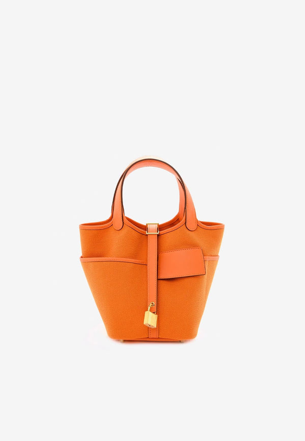 Picotin Cargo 18 in Orange Toile Goeland and Swift Leather with Gold Hardware