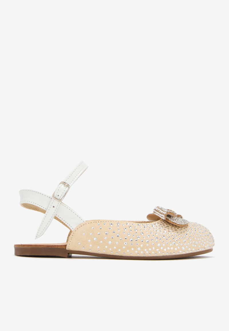 BABYWALKER Girls Rhinestone Embellished Flats with Crystal-Bow Beige bPB/5868_IVORY