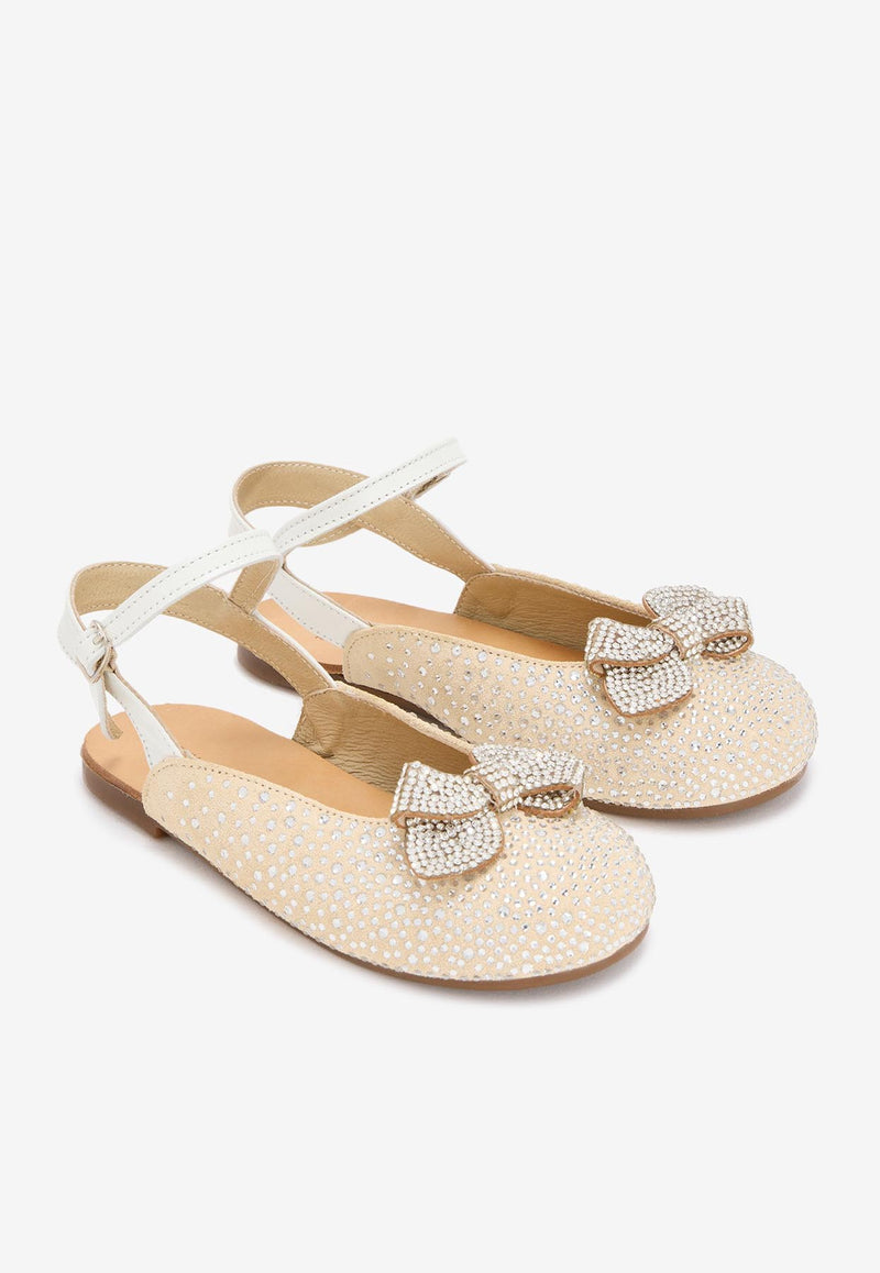 BABYWALKER Girls Rhinestone Embellished Flats with Crystal-Bow Beige bPB/5868_IVORY