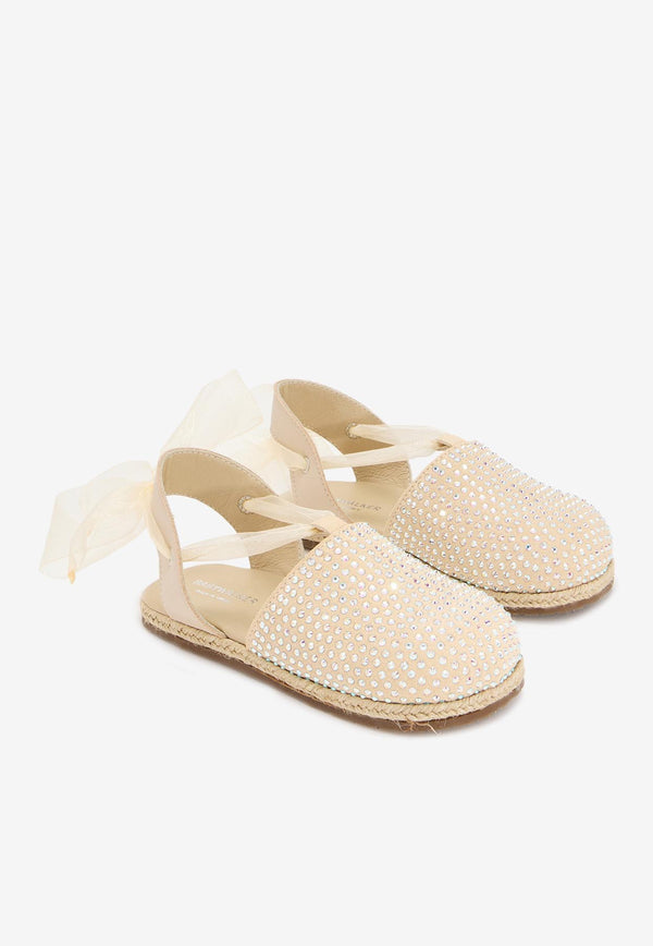 BABYWALKER Girls Crystal-Embellished Leather Espadrilles Beige bPB/6113_BEIGE
