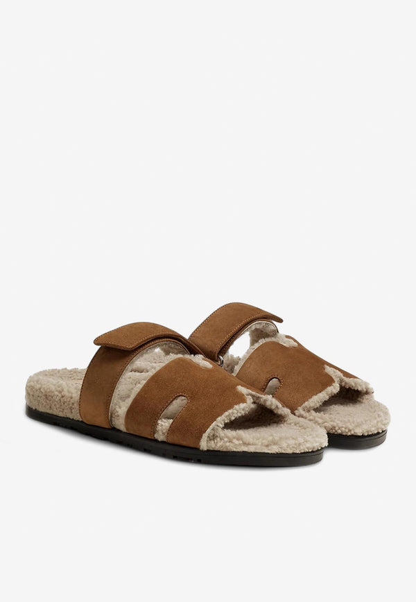 Hermès Chypre Sandals in Brun Fumé Suede and Ecru Shearling Brun Fumé
