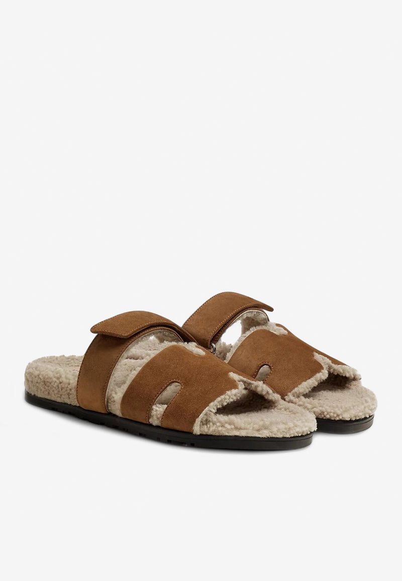 Hermès Chypre Sandals in Brun Fumé Suede and Ecru Shearling Brun Fumé