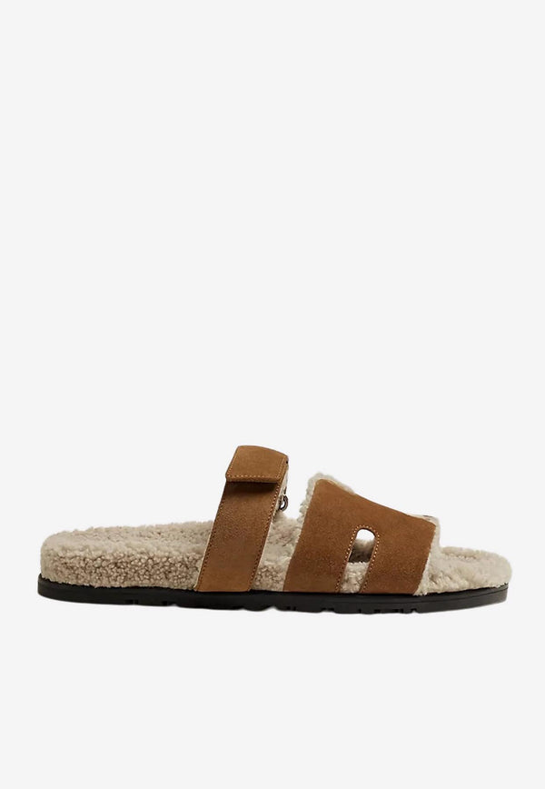 Hermès Chypre Sandals in Brun Fumé Suede and Ecru Shearling Brun Fumé