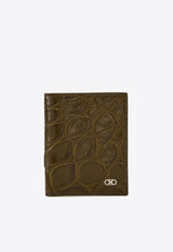 Ferragamo Gancini Croc-Embossed Leather Cardholder Green 661452 MICRO GANCIO 779916 NEW OLIVE