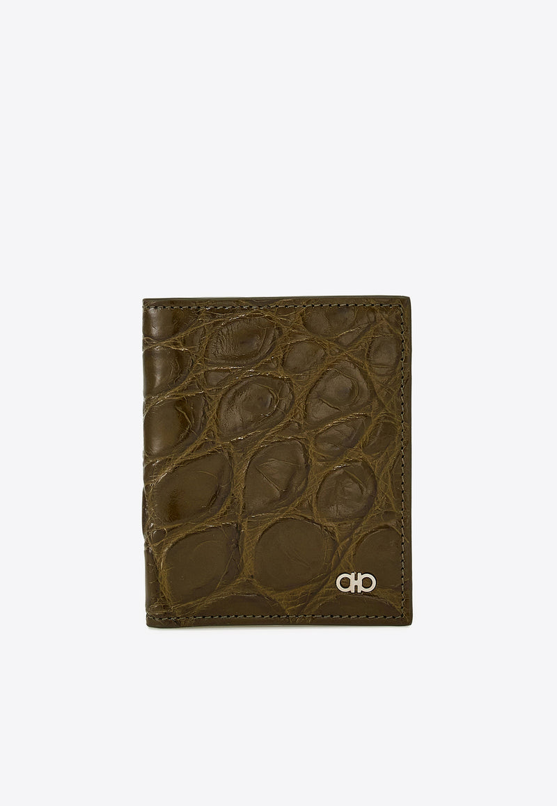 Ferragamo Gancini Croc-Embossed Leather Cardholder Green 661452 MICRO GANCIO 779916 NEW OLIVE