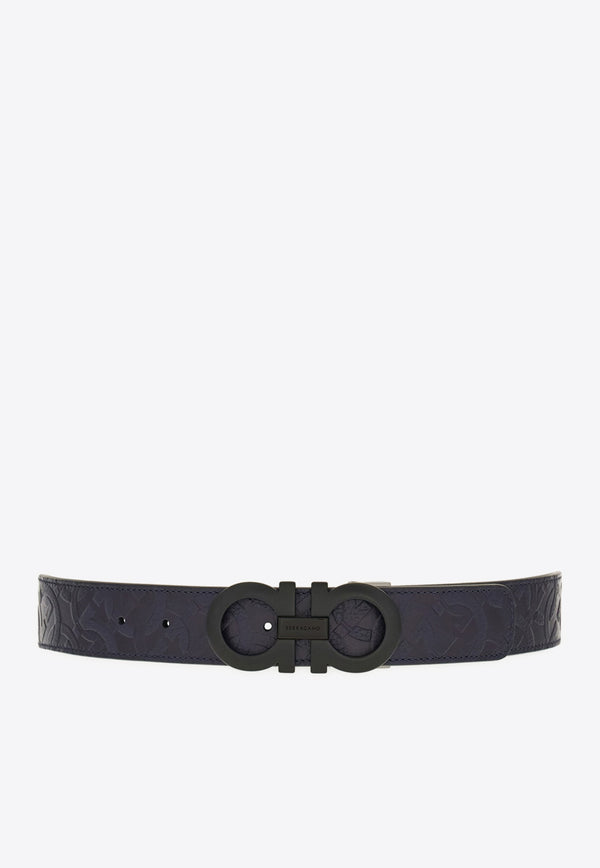 Ferragamo Reversible Embossed Gancini Leather Belt Midnight Blue 675542 DOUBLE ADJUS 780047 MIDNIGHT