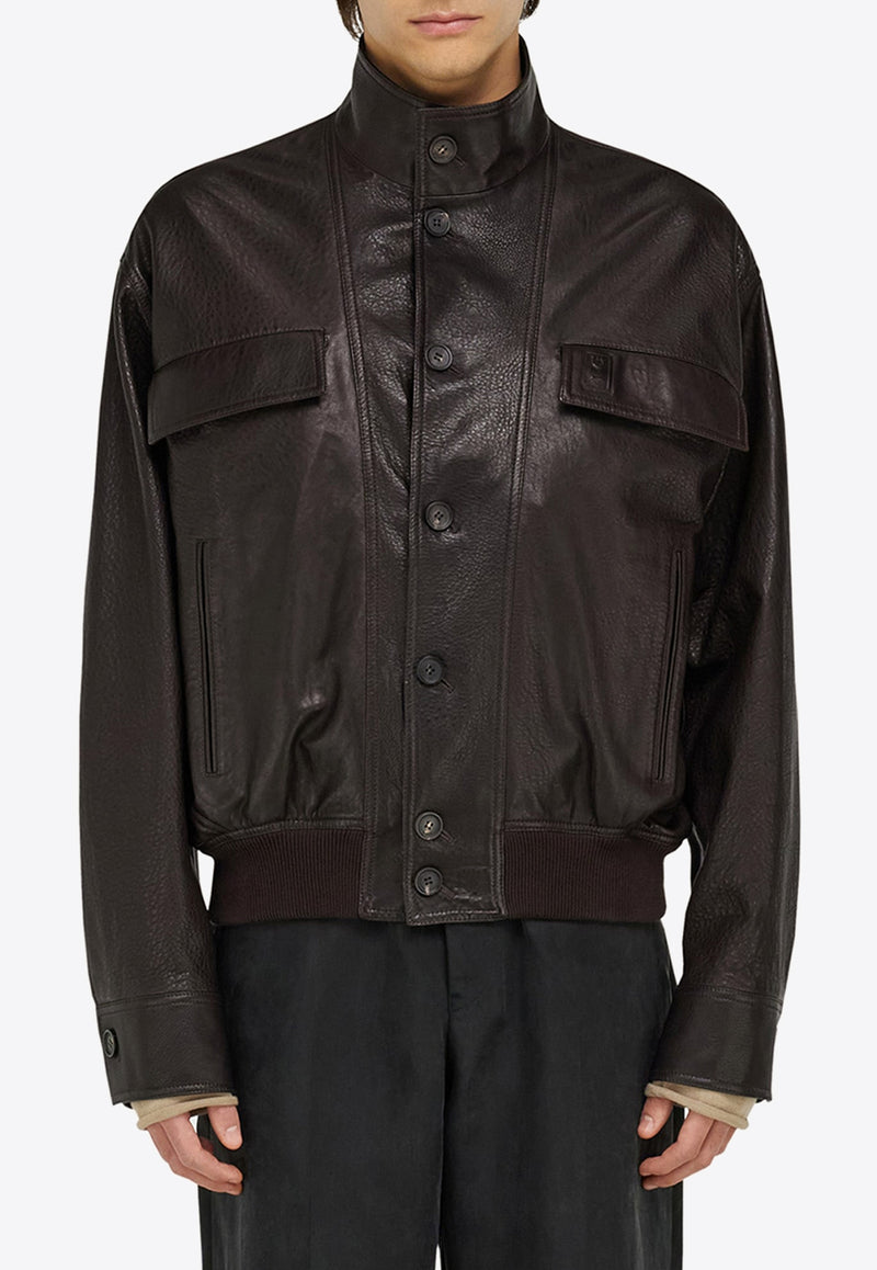 Ferragamo High-Neck Grained Leather Jacket Dark Brown 144494 B 783255 DARK BROWN