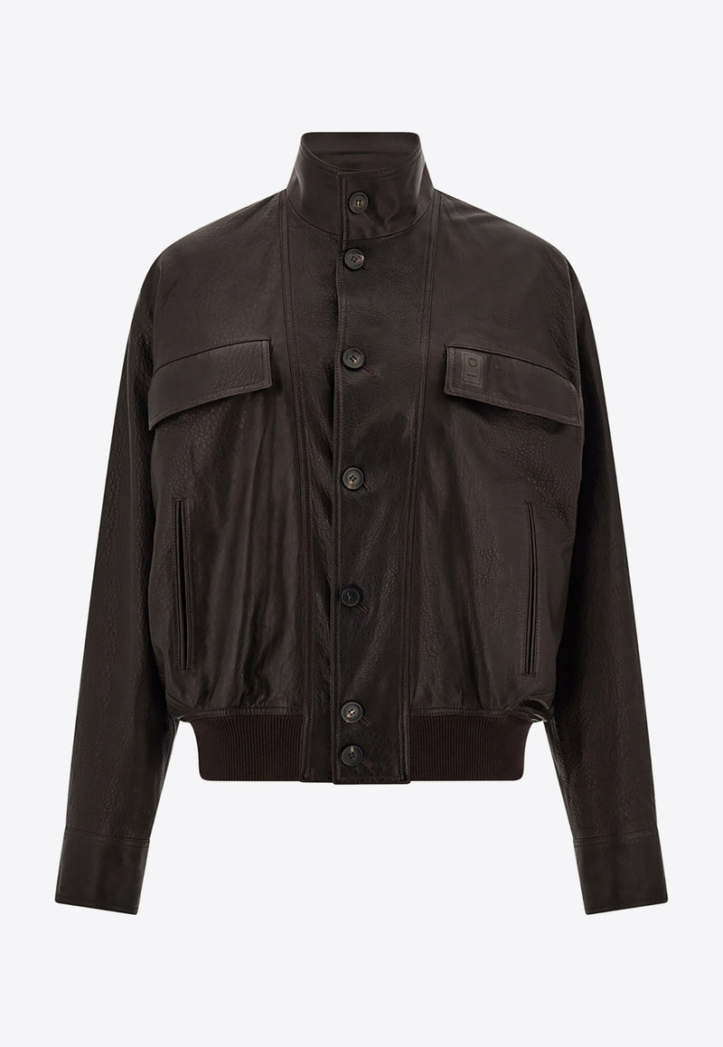 Ferragamo High-Neck Grained Leather Jacket Dark Brown 144494 B 783255 DARK BROWN