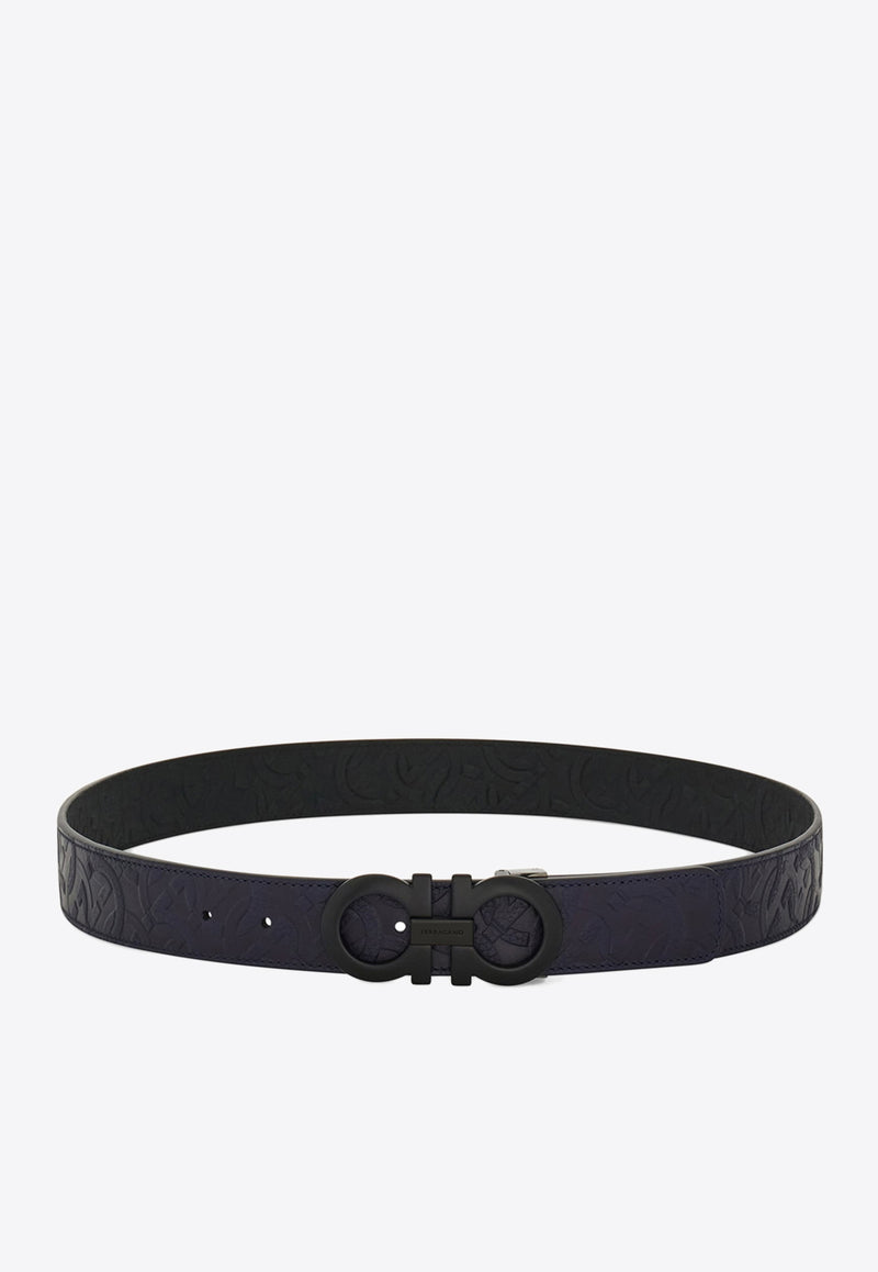 Ferragamo Reversible Embossed Gancini Leather Belt Midnight Blue 675542 DOUBLE ADJUS 780047 MIDNIGHT
